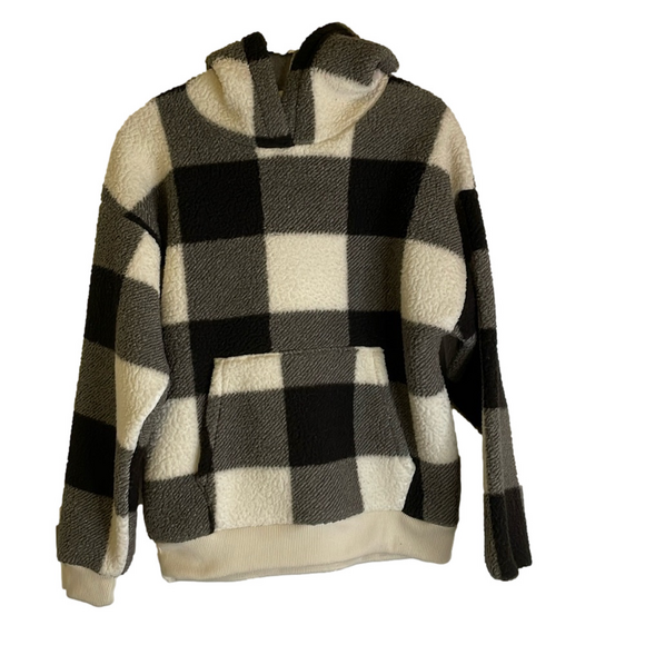 AMERICAN EAGLE Plaid Polyester Fleece Hoodie, Women’s XS, Black Gray White - Picture 1 of 7